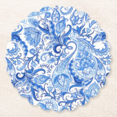 ゴージャスブルーホワイトフローラペイズリーアートパターン ペーパーコースター (正面)