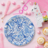 ゴージャスブルーホワイトフローラペイズリーアートパターン ペーパープレート (パーティー)