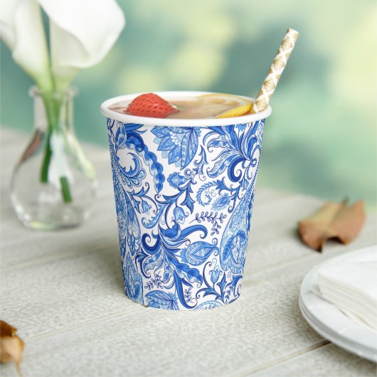 ゴージャスブルーホワイトフローラペイズリーアートパターン 紙コップ (インサイチュ)