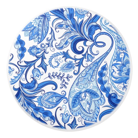 ゴージャスブルーホワイトフローラペイズリーパターン セラミックノブ (正面)