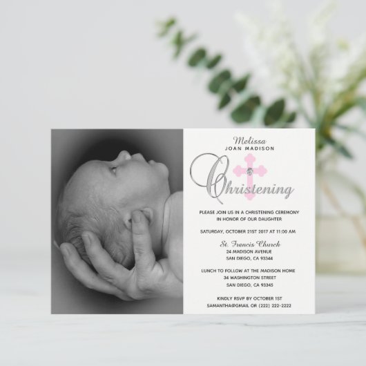 ゴージャスホワイトピンククロスガールフォト《キリスト教》洗礼式や命名式 招待状 (スタンド正面)