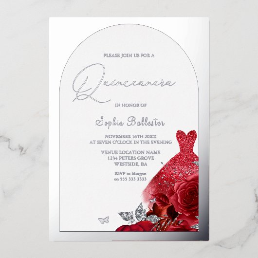 ゴージャスレッドドレス赤面フローラキンセアニェラシルバー 箔招待状 (正面)