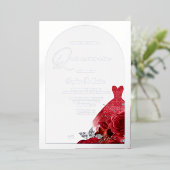ゴージャスレッドドレス赤面フローラキンセアニェラシルバー 箔招待状 (立ち正面)