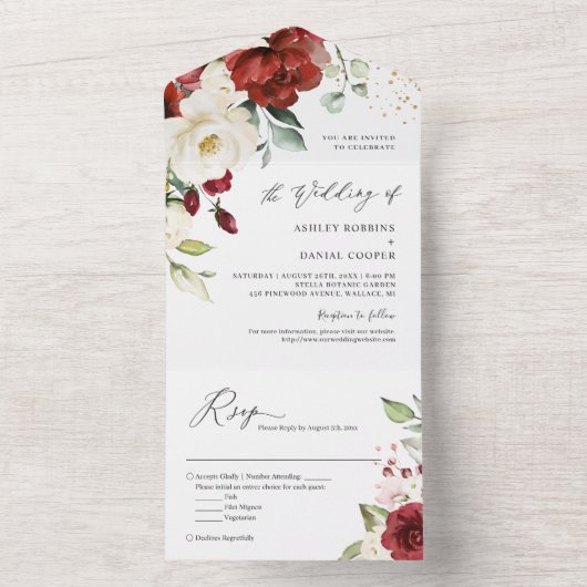 ゴージャスレッドホワイトフローラエレガシンプルントウェディング オールインワン招待状 (内側)