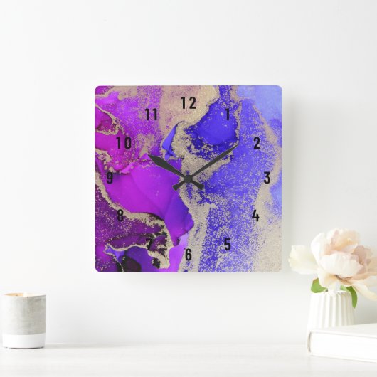 ゴージャス抽象芸術金ゴールドピンク紫宝石トーン スクエア壁時計 (ホーム)