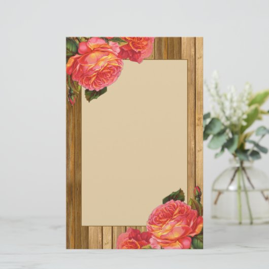 ゴージャス素朴ウッド&ヴィンテージアプリコットピンクローズ 便箋 (スタンド正面)
