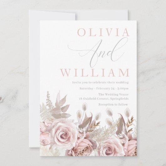 ゴージャス赤面ピンクダスティバラフローラ結婚ズ 招待状 (正面)