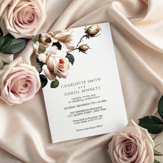 ゴージャス赤面ベージュ油バラ結婚ズ 招待状