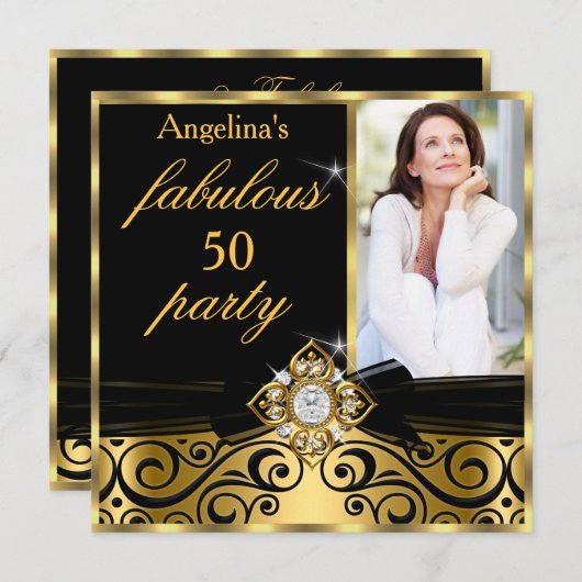 ゴージャス50 ブラックゴールド 偽ダイヤモンド フォトパーティ 招待状 (正面/裏面)