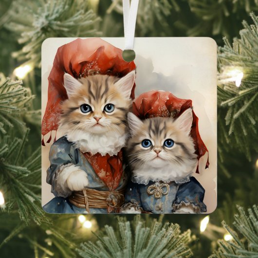 ゴージャス グレー 子猫 カップル クリスマス メタルオーナメント (インサイチュ)