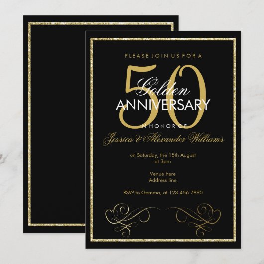 ゴージャス ゴールド グリッター フレーム 50周年 結婚記念日 招待状 (正面/裏面)