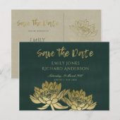 ゴージャス ゴールド グリーン ロータス フラワー セーブ ザ デート 案内ポストカード (正面/裏面)