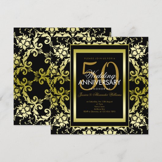 ゴージャス ゴールド ダマスク柄 50周年記念 結婚式 招待状 (正面/裏面)