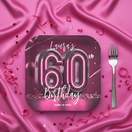 ゴージャス シック ホットピンク ネオン 60歳の誕生日パーティー ペーパープレート