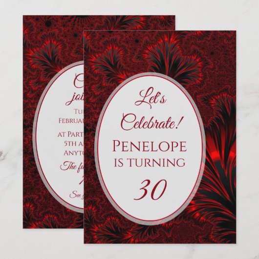 ゴージャス シャイニー レッド フラクタル 30歳の誕生日 招待状 (正面/裏面)