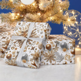 ゴージャス シルバー ゴールド フラワー クリスマス ラッピングペーパー