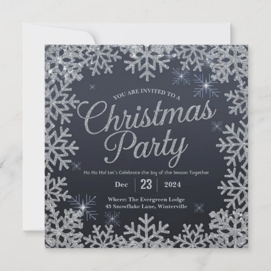 ゴージャス シルバー&ブルースパークル クリスマスパーティー 招待状 (正面)