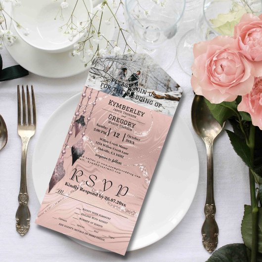 ゴージャス スパークリー シルバー ピンクのクリスマス フォト オールインワン招待状