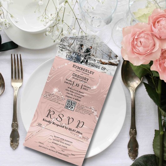 ゴージャス スパークリー ブラッシュ ピンク シルバー フォト QR コード オールインワン招待状