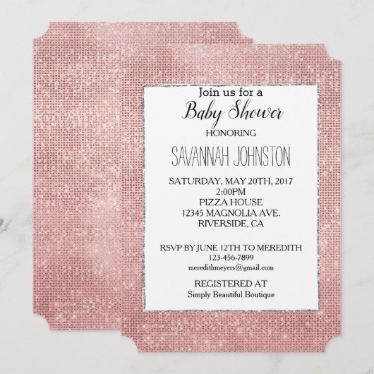 ゴージャス スパークル ホワイト ローズ ゴールド シルバー 招待状 (正面/裏面)