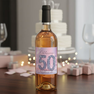 ゴージャス ピンクボケ シルバー スパンコール 50歳の誕生日 ワインラベル