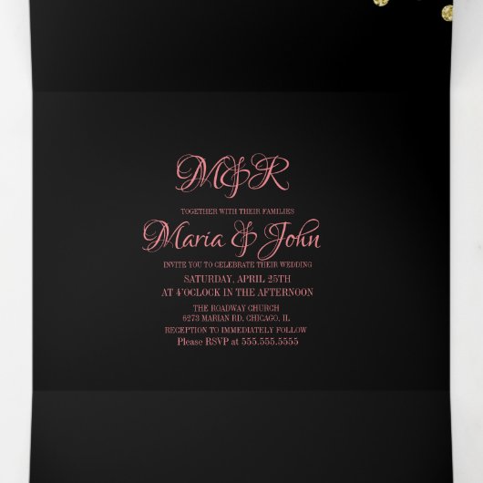 ゴージャス ピンク ブラシ グリッター コンフェッティ ウェディング 三つ折り招待状 (内部中)