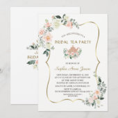 ゴージャス ピンク ホワイト フラワー ゴールド フレーム ブライダル ティーパーティー 招待状 (正面/裏面)