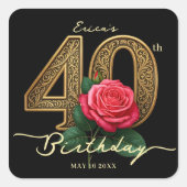 ゴージャス ブラックゴールド レッドローズ フラワーズ 40歳の誕生日 スクエアシール (正面)