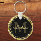 ゴージャス ブラック ゴールド グリッター モノグラム 名前 キーホルダー (正面)