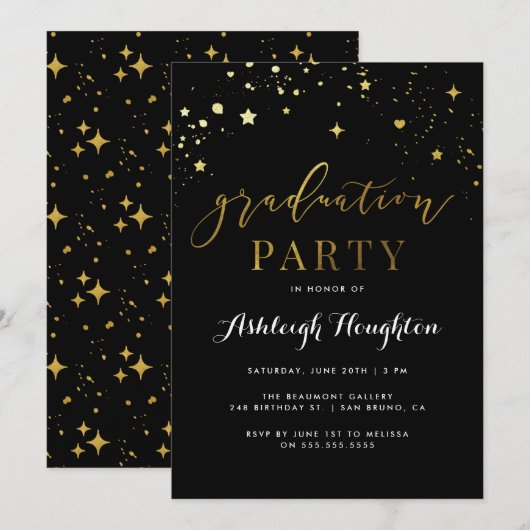 ゴージャス ブラック＆ゴールド コンフェッティ 卒業パーティー 招待状 (正面/裏面)