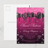 ゴージャス ブラック＆ピンク ドリッピング グリッター スウィート16 ポストカード (正面/裏面)