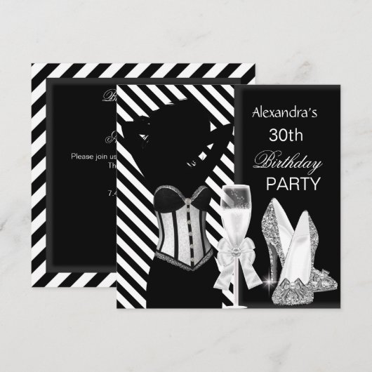 ゴージャス ブラック ホワイト ストライプ 誕生日パーティー 招待状 (正面/裏面)