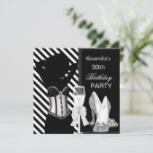 ゴージャス ブラック ホワイト ストライプ 誕生日パーティー 招待状 (スタンド正面)