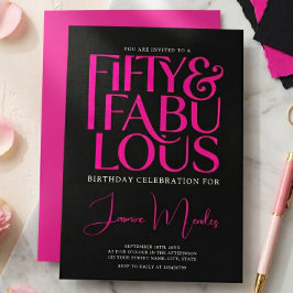 ゴージャス ホットピンク ブラック シック 50歳 お誕生日おめでとうございます  招待状