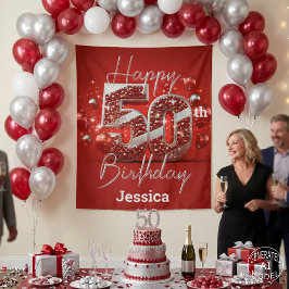 ゴージャス ルビーレッド シルバー スパークル 50歳の誕生日 タペストリー