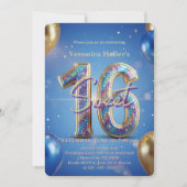 ゴージャス ロイヤルブルー ゴールドバルーン Sweet 16 誕生日 招待状 (正面)