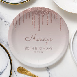 ゴージャス ローズゴールド グリッター ドリップ 80歳の誕生日パーティー ペーパープレート