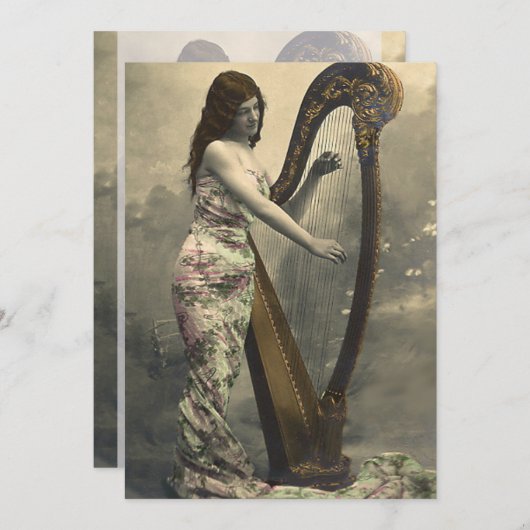 ゴージャス ヴィンテージ女性ハーピストの招待状 招待状 (正面/裏面)