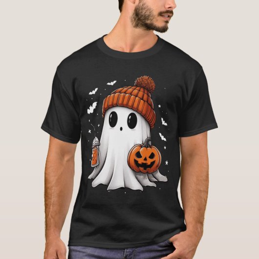 ゴーストがコーヒーを飲む ハロウィン ゴースト アイスコーヒー Tシャツ (正面)