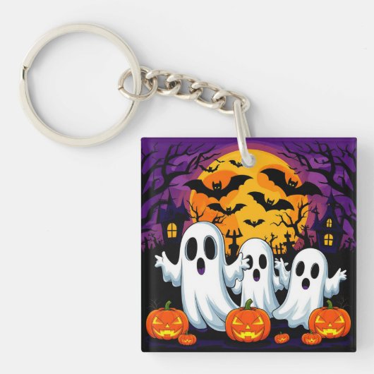 ゴーストが出る不気味なハロウィーンの風景 キーホルダー (正面)