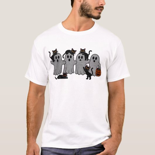 ゴーストと黒猫のかわいいハロウィンパレード Tシャツ (正面)