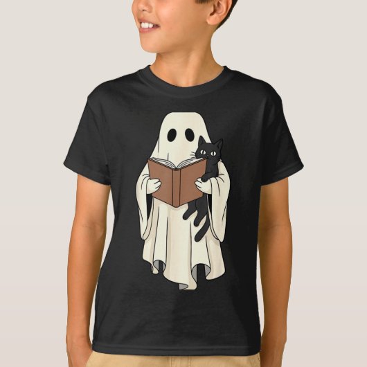 ゴーストと黒猫のハロウィン読書 Tシャツ (正面)