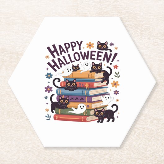ゴーストキャット 読書好き ギフト ハロウィーン スプー ペーパーコースター (正面)