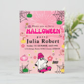ゴーストスケートボード ハロウィン かぼちゃ ピンク 招待状 (スタンド正面)