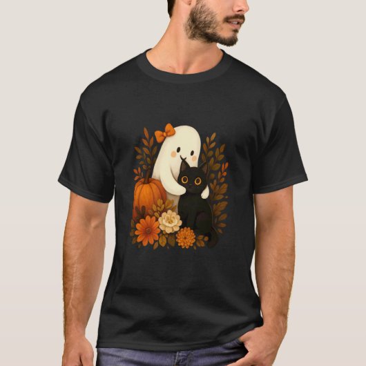 ゴーストハグ猫のかぼちゃハロウィン囲み Tシャツ (正面)