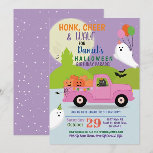 ゴーストパーティー バースデーパレード ピンクトラックでドライブバイ 招待状 (正面/裏面)