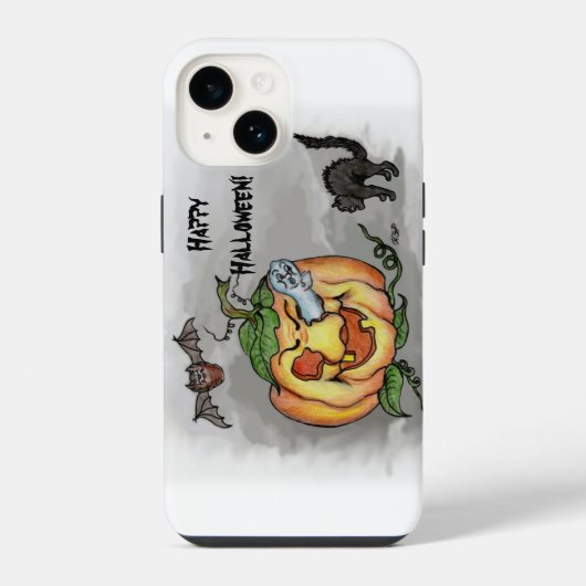 ゴースト、コウモリ、ネコ、ハッピーハロウィン！ iPhoneケース (裏面)
