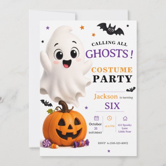 ゴースト コスチューム パーティー - かわいいハロウィンバースデー 招待状 (正面)