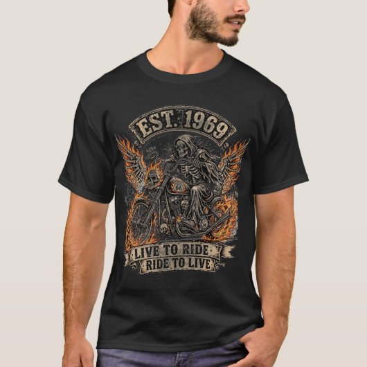 ゴースト・リーパー・バイカー 生きるはライド、ライドは生きるため Tシャツ (正面)