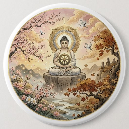 ゴータマ・ブッダ瞑想アートボタン - 平和なダンマ 缶バッジ (正面)